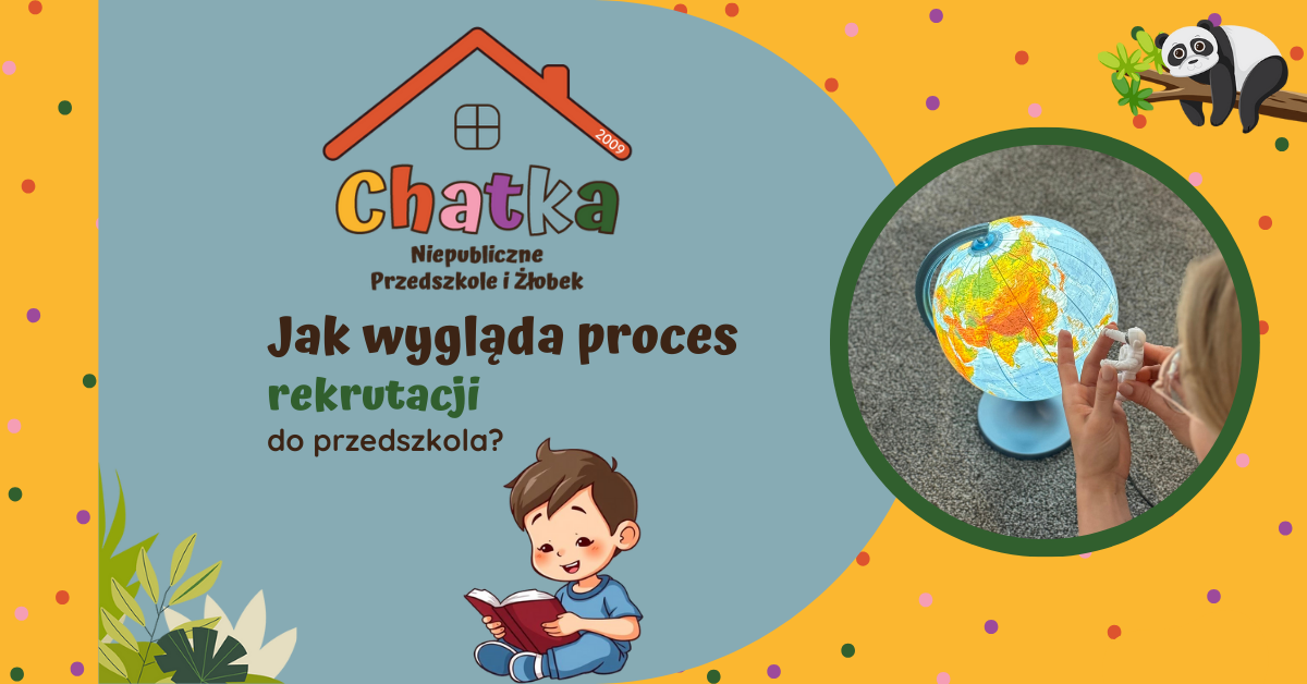 Grafika promująca niepubliczne przedszkole i żłobek Chatka z napisem „Jak wygląda proces rekrutacji do przedszkola?”, przedstawiająca dziecko z książką, globus i kolorowe elementy dekoracyjne na tle radosnej, dziecięcej kompozycji.