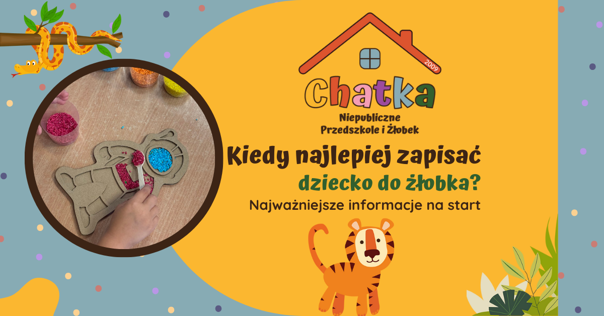 Grafika promocyjna niepublicznego przedszkola i żłobka Chatka przedstawiająca pytanie „Kiedy najlepiej zapisać dziecko do żłobka?” z kolorową ilustracją tygryska i dziecka bawiącego się kolorową masą plastyczną.