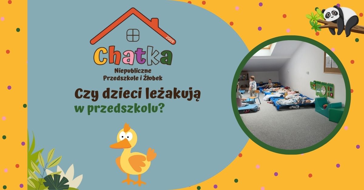 Grafika z napisem „Czy dzieci leżakują w przedszkolu?” przygotowana przez Niepubliczne Przedszkole i Żłobek Chatka w Suwałkach. Po lewej kolorowe tło z ilustracją kaczki i pandy, po prawej zdjęcie sali z dziećmi odpoczywającymi na leżaczkach.