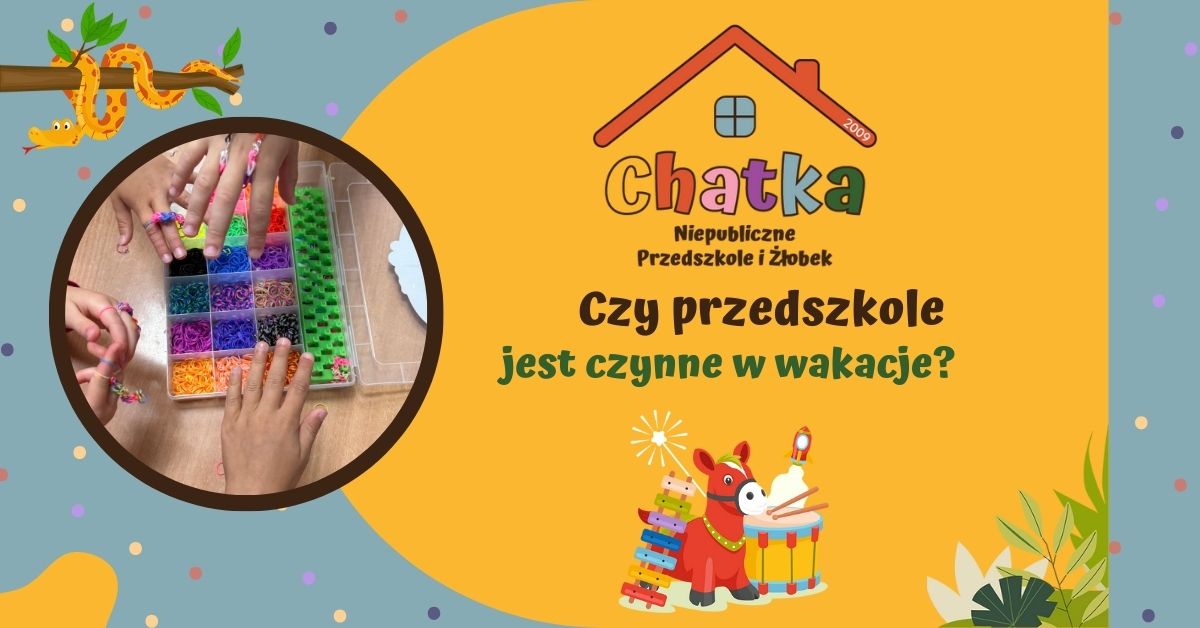 Grafika z napisem „Czy przedszkole jest czynne w wakacje?” przygotowana przez Niepubliczne Przedszkole i Żłobek Chatka w Suwałkach. Kolorowe tło z motywami dziecięcymi