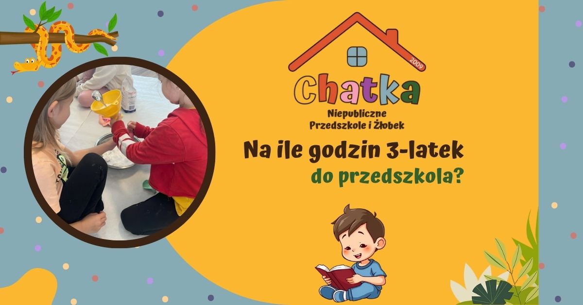 Grafika z napisem „Na ile godzin 3-latek do przedszkola?” przygotowana przez Niepubliczne Przedszkole i Żłobek Chatka w Suwałkach. Po lewej stronie zdjęcie dzieci bawiących się w grupie i wykonujących eksperyment z mąką, po prawej stronie logo Chatki i ilustracja chłopca z książką.