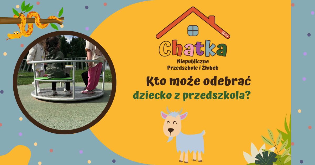 Kadr z bloga Niepublicznego Przedszkola i Żłobka Chatka, z logo na żółtym tle. Nagłówek brzmi: "Kto może odebrać dziecko z przedszkola?". Okrągłe zdjęcie ilustruje dwoje dzieci siedzących na małej metalowej karuzeli na placu zabaw, z widoczną trawą w tle. Obrazek promuje politykę bezpieczeństwa i organizacji Niepublicznego Przedszkola Chatka w Suwałkach.