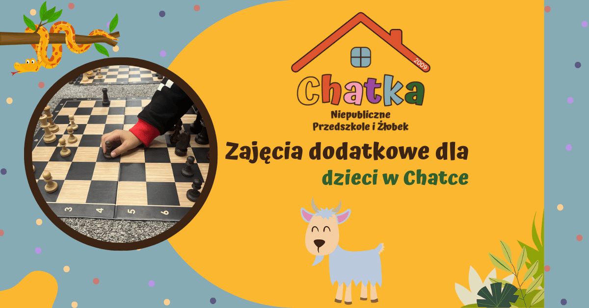 Kadr z bloga Niepublicznego Przedszkola i Żłobka Chatka, z logo na żółtym tle i dekoracjami (wąż, koza). Nagłówek to: "Zajęcia dodatkowe dla dzieci w Chatce". Okrągłe zdjęcie ilustruje dłoń dziecka grającego w szachy, przesuwającego pionka na drewnianej szachownicy. Obrazek promuje dodatkowe zajęcia dla dzieci w przedszkolu Suwałki, takie jak nauka gry w szachy.