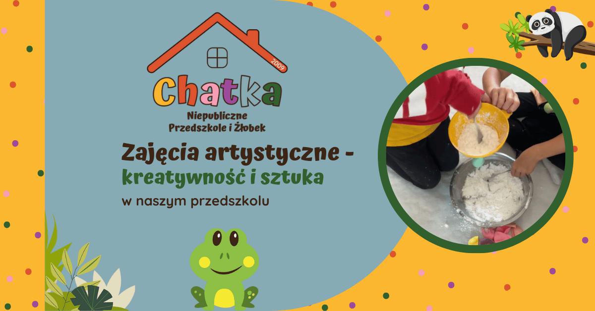 Kadr z bloga Niepublicznego Przedszkola i Żłobka Chatka. Tytuł: "Zajęcia artystyczne - kreatywność i sztuka w naszym przedszkolu". Okrągłe zdjęcie przedstawia zbliżenie na dłonie dzieci mieszających w miskach jasną, sypką masę. Obrazek promuje kreatywne zajęcia artystyczne w przedszkolu Suwałki, skupiające się na sensoryce i sztuce.