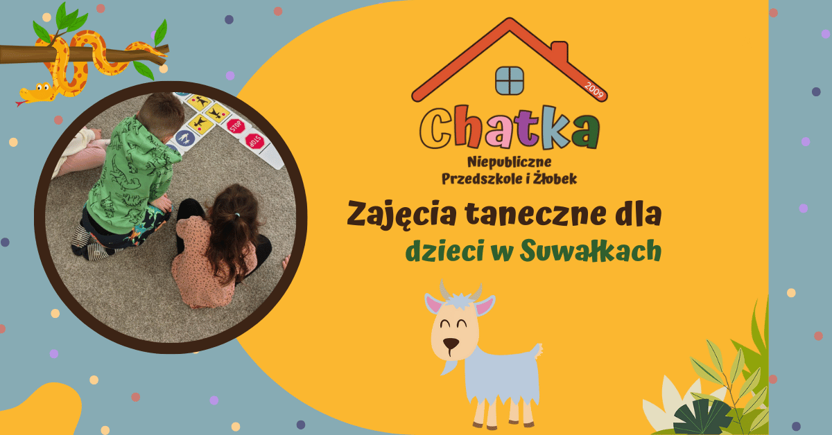 Kadr z bloga Niepublicznego Przedszkola i Żłobka Chatka. Tytuł: "Zajęcia taneczne dla dzieci w Suwałkach". Okrągłe zdjęcie ilustruje dwoje dzieci siedzących na podłodze i bawiących się dużą planszową grą edukacyjną ze znakami stopu i startu. Obrazek promuje szeroką ofertę zajęć dla dzieci w przedszkolu Suwałki, w tym zajęcia taneczne.